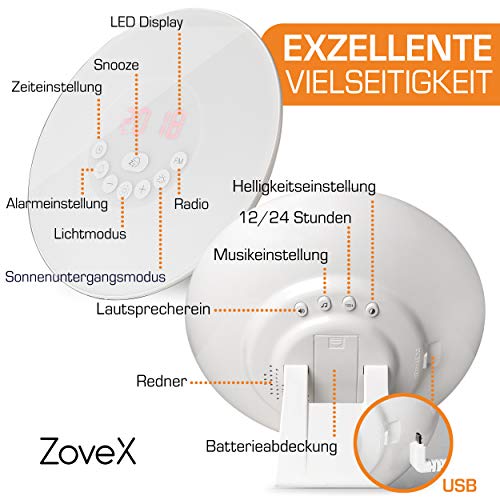 Zovex® Despertador con luz – Efectos diferentes – Despertador de siete colores – Despertador con simulación de amanecer