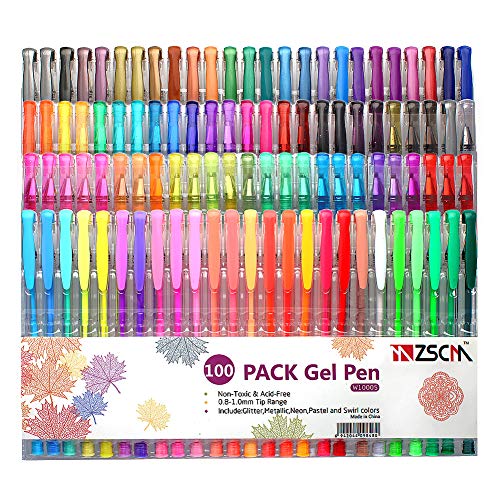 ZSCM - Juego de bolígrafos de gel con purpurina de 100 colores con estuche, 40% más de tinta, neón, brillo, brillo, bolígrafo para adultos, libros para colorear, balas, diario, dibujo, manualidades