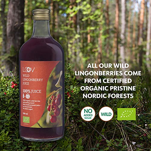 Zumo de Arándano Rojo Silvestre Orgánico LOOV, 500 ml, 100% arándanos rojos prensados ​​directamente, contiene polifenoles, sin agua ni azúcar añadido, elaborado de forma silvestre en bosques nórdicos