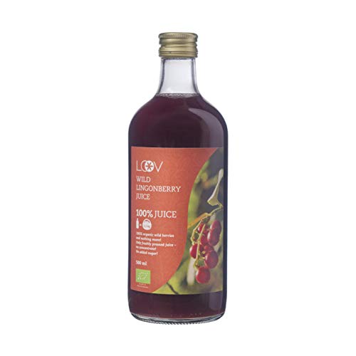 Zumo de Arándano Rojo Silvestre Orgánico LOOV, 500 ml, 100% arándanos rojos prensados ​​directamente, contiene polifenoles, sin agua ni azúcar añadido, elaborado de forma silvestre en bosques nórdicos