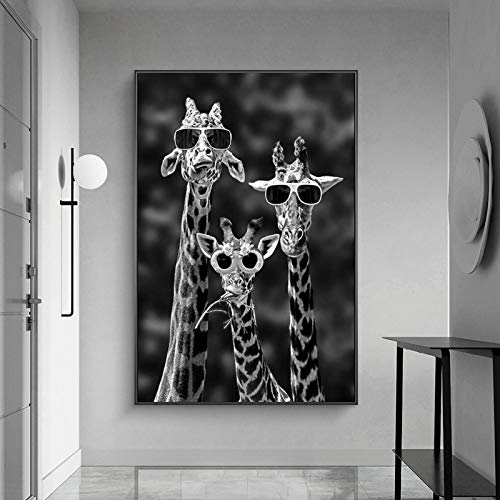 zxianc Impresiones en Lienzo Arte Divertido Jirafas con Gafas de Sol Carteles e Impresiones Animales en Blanco y Negro Pinturas en Lienzo en la Pared Imágenes artísticas 30x40cm con Marco