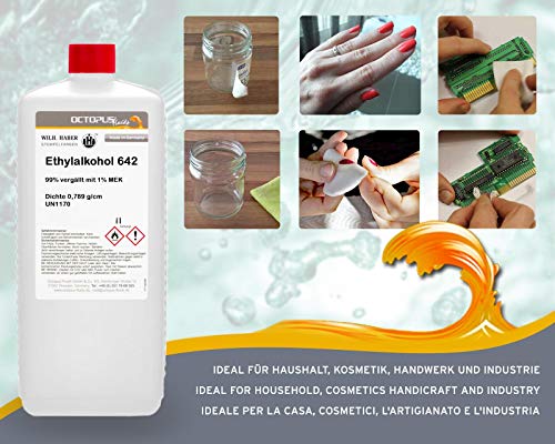 1 litro de etanol 642, 99% desnaturalizado con 1% de MEK, el agente de limpieza completo para la limpieza a fondo, desengrasado y decoloración para el hogar, el hobby y la industria.