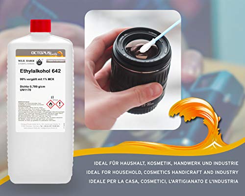 1 litro de etanol 642, 99% desnaturalizado con 1% de MEK, el agente de limpieza completo para la limpieza a fondo, desengrasado y decoloración para el hogar, el hobby y la industria.