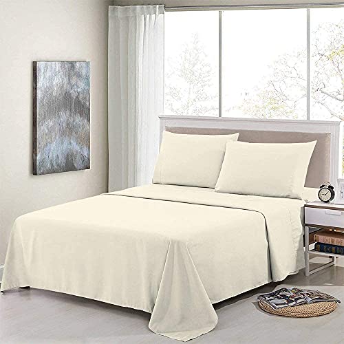 100% Egyptian Cotton 600 Thread Count 4-Piece Sheet Set with 40 cm Elastic Deep Pocket Luxurious Thick Cotton Bed Sheet All Season Bedding Ivory Solid Emperor Size