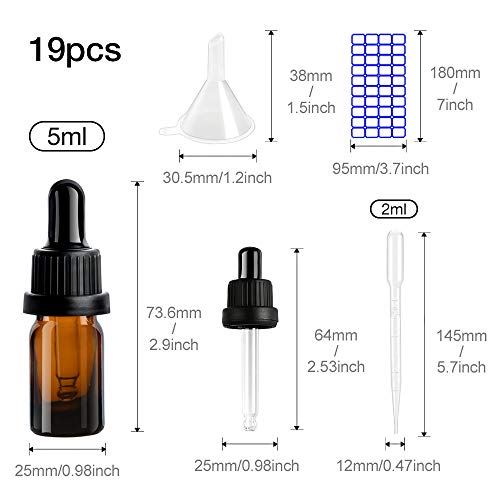 12 botellas vacías con pipeta de cristal, 5 ml, pequeñas, con embudo, pipeta de pasta y pegatina para perfume, sérum facial