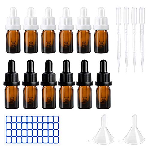 12 botellas vacías con pipeta de cristal, 5 ml, pequeñas, con embudo, pipeta de pasta y pegatina para perfume, sérum facial