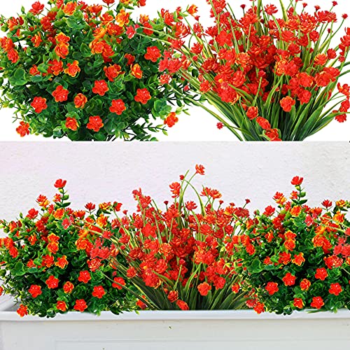 12 Piezas Flores Artificiales para Decoración al Aire Libre Vegetación Artificial 2 Tipos Flores Falsas Plantas Arbustos Resistentes a Rayos UV al Aire Libre (Rojo Naranja)