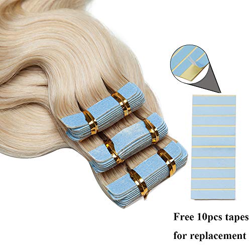 14"(35cm) SEGO Extensiones Adhesivas Onduladas de Pelo Natural 20PCS [#70 Blanqueador Blanco] Cabello Humano Rizado Balayage Remy Human Hair Tape in (40g)