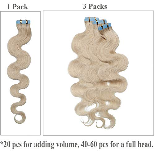 14"(35cm) SEGO Extensiones Adhesivas Onduladas de Pelo Natural 20PCS [#70 Blanqueador Blanco] Cabello Humano Rizado Balayage Remy Human Hair Tape in (40g)