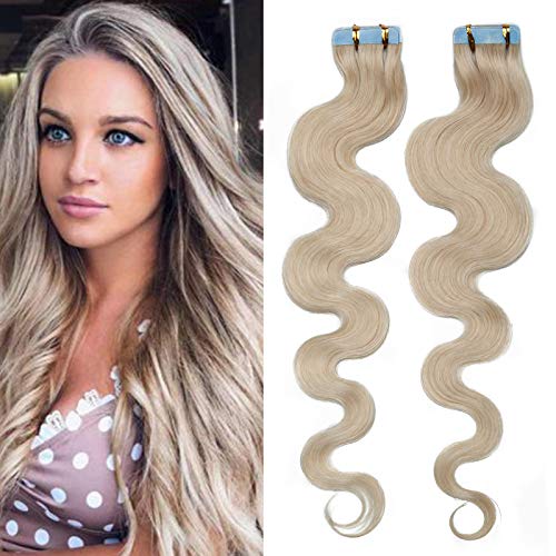 14"(35cm) SEGO Extensiones Adhesivas Onduladas de Pelo Natural 20PCS [#70 Blanqueador Blanco] Cabello Humano Rizado Balayage Remy Human Hair Tape in (40g)