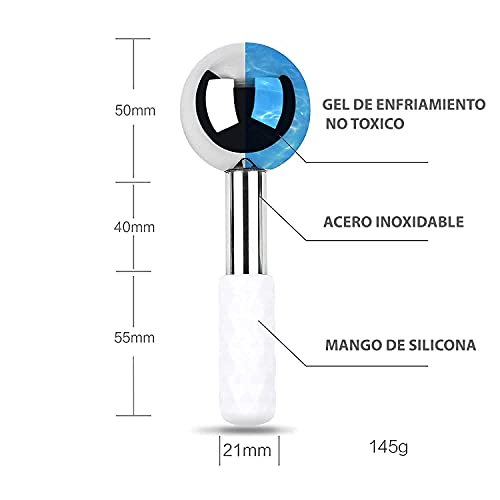 2 Globos de Hielo Facial de Acero Inoxidable. Masajeador Facial Antiarrugas Rodillo masajeador facial para Cara Cuello y Ojos. Funda y esponja exfoliante facial de Regalo