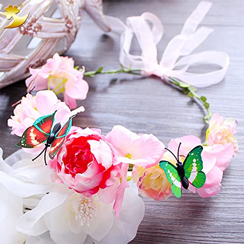 2 Piezas Bohemia Diadema de Flores Corona Flores Ajustable Cinta para el Cabello Guirnaldas Corona de Flores Corona Novia Tiara Flores Pelo Banda para Mujeres Niñas Bodas Fiestas