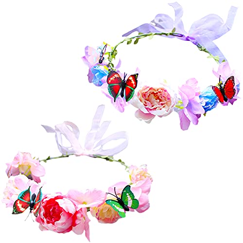 2 Piezas Bohemia Diadema de Flores Corona Flores Ajustable Cinta para el Cabello Guirnaldas Corona de Flores Corona Novia Tiara Flores Pelo Banda para Mujeres Niñas Bodas Fiestas