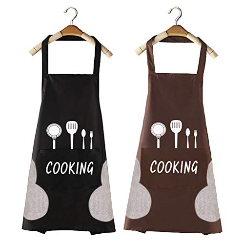 2 Piezas Delantal Cocina Hombre Mujer Delantal Cocina Profesional Delantal Impermeable Antimanchas Adulto Cocinero,con Bolsillos y Polar Coral Absorbente (Negro/Marrón)