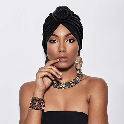 3 Piezas Turbantes Africanos para Mujer Envoltura de Cabeza Gorro de Nudo Pre-Atado (Negro, Azul, Flor Rosa)