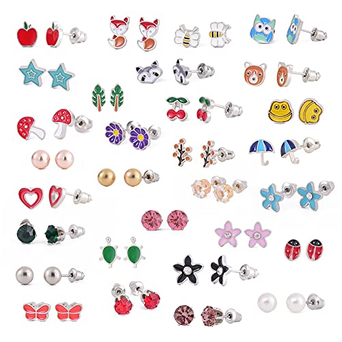 30 Pares Acero Inoxidable Niños Pendientes lindos, Lindos Animales Zorro Rana Hongo Margarita Perla Corazón Juego de Aretes para Niñas Hipoalergénicos Pequeños Pendientes