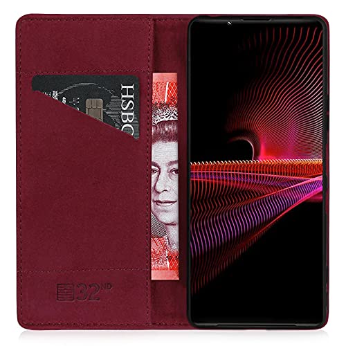 32nd Classic Series 2.0 - Funda Tipo Libro de Piel Real para Sony Xperia 1 III (2021), Carcasa de Cuero Premium diseñada con Cartera, Cierre Magnetico y Soporte Integrado - Borgoña