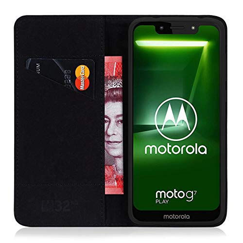 32nd Classic Series - Funda Tipo Libro de Piel Real para Motorola Moto G7 Play, Carcasa de Cuero Premium diseñada con Cartera, Cierre Magnetico y Soporte Integrado - Negro