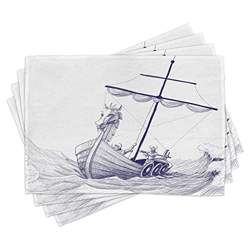 357 Viking Place Mats Set of 4, Drakkar Long Boat with Dragon On Bow of Ship Monochrome Marine Pattern Dinning Table Place Mats Stain-Resistant Table Mats For Kitchen Restaurant