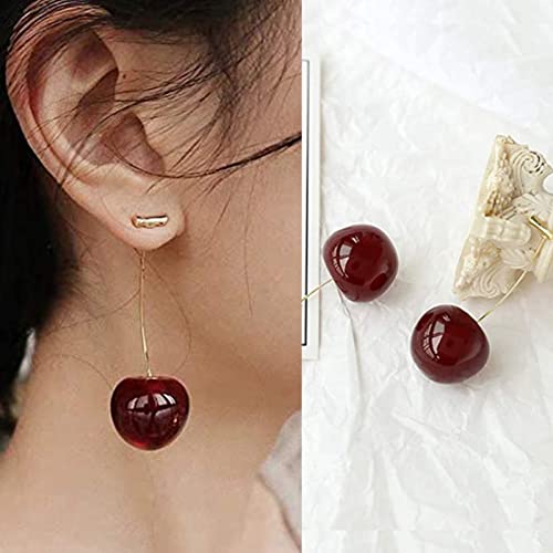 4 Pares de Aretes de Cereza, Aretes de Cereza Dulce, Aretes Colgantes de Cereza, Pendientes pequeños de cereza, Aretes a Juego para Mujeres y Niñas (Rojo, Burdeos)