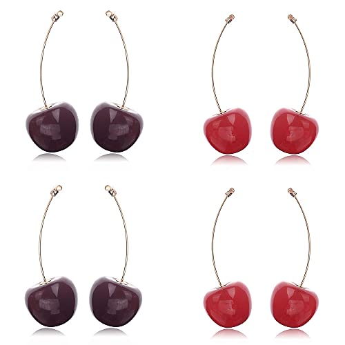 4 Pares Pendientes de Cereza, Pendientes Colgantes de Cereza, Pendientes de Cereza para Mujer, Lindo Pendiente Rojo Gota, Aretes de Cereza, Aretes Colgantes de Cereza, para Mujeres y Niñas