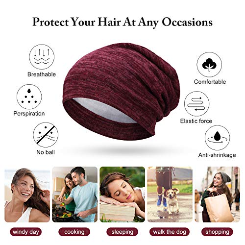 4 Piezas de Gorro de Dormir de Satén de Línea de Atención de Enfoque Gorra de Pelo para Dormir, Regalos de Cabeza de Chicas para Cabello Rizado (Negro, Azul Marino, Caqui, Rojo de Vino)