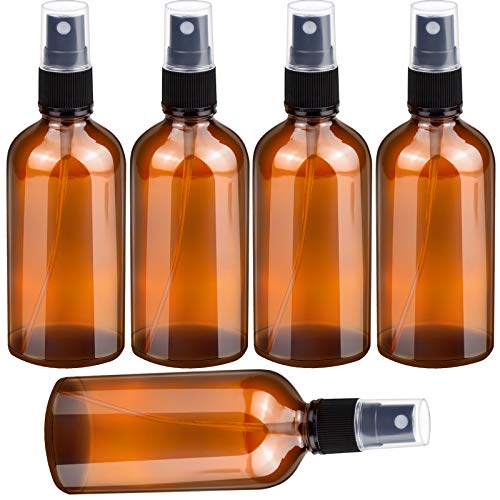 5 botellas de spray hechas de vidrio marrón, botellas de vidrio ámbar de 100 ml con atomizador negro, recargable, botella de niebla fina con atomizador vacío, recipiente líquido, botella de viaje