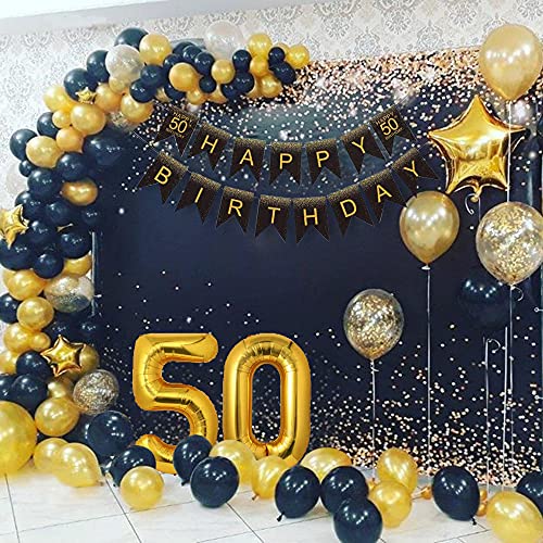 50 Años Decoracion Cumpleaños Oro Negro, Decoracion Fiesta 50 Cumpleaños, Globos 50 Cumpleaños, Pompones de Papel para 50 cumpleaños Hombres Mujeres Adultos feliz Decoración Reutilizable