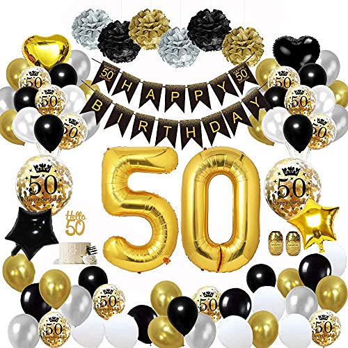 50 Años Decoracion Cumpleaños Oro Negro, Decoracion Fiesta 50 Cumpleaños, Globos 50 Cumpleaños, Pompones de Papel para 50 cumpleaños Hombres Mujeres Adultos feliz Decoración Reutilizable