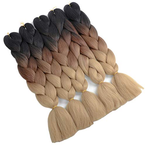 6Pack Extensiones de cabello Ombre Jumbo Braiding Hair Tres tonos Kanekalon Jumbo Braids Extensiones sintéticas de cabello trenzado Ombre (24 pulgadas, negro/marrón/marrón claro)