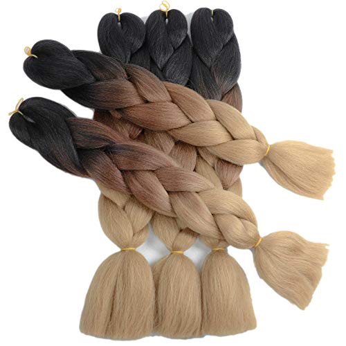 6Pack Extensiones de cabello Ombre Jumbo Braiding Hair Tres tonos Kanekalon Jumbo Braids Extensiones sintéticas de cabello trenzado Ombre (24 pulgadas, negro/marrón/marrón claro)