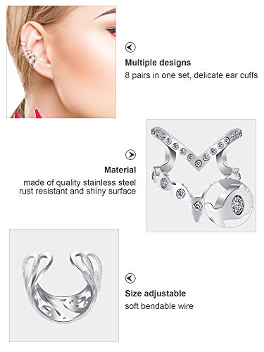 8 Pares de Puño de Oreja de Acero Inoxidable Clip sin Perforación Pendientes de Cartílago para Hombres y Mujeres, 8 Estilos Variados (Conjunto de Estilos 2, Acero)