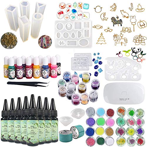 8 piezas 30 ml de resina epoxi de cristal adhesivo UV, 1 pinza de lámpara 36 decoración 11 piezas de silicona 100 anillos 13 pigmento líquido de color 17 joyería de metal con 2X 5 metros de cinta