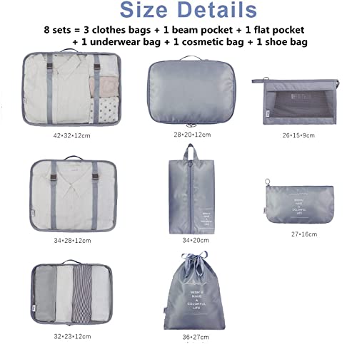 8 Set de Organizador de Equipaje, Impermeable Organizador de Maleta Bolsa para Ropa Sucia de Viaje, Material Nylon（Grey）