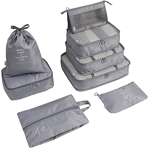 8 Set de Organizador de Equipaje, Impermeable Organizador de Maleta Bolsa para Ropa Sucia de Viaje, Material Nylon（Grey）