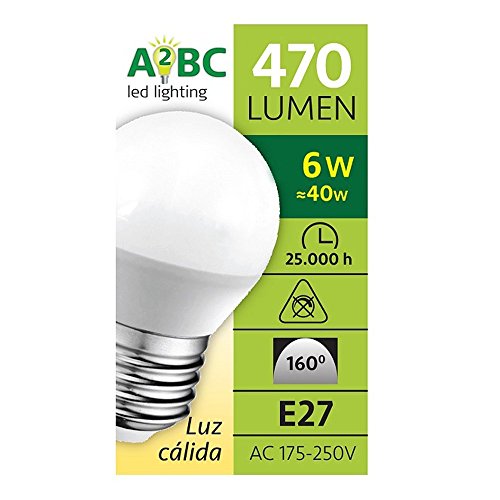 A2BC LED Lighting Bombilla LED esférica 6W. E27. 470 LM, 6 W, Blanco Cálido 3000k, 2 Unidad (Paquete de 1), 2