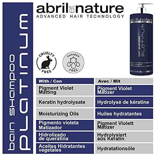 abril et nature - Bain Shampoo Platinum - Champú Matizador Violeta - 1000 ml - Para Matizar Cabellos Grises o Decolorados - Tratamiento Capilar con Queratina - Elimina Reflejos Amarillos Indeseados