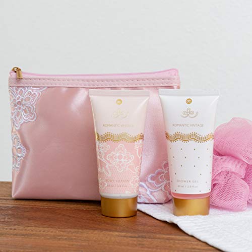 Accentra - Set De Regalo Romántico Vintage, Con Bolsa De Cosméticos, Gel De Ducha, Loción Corporal, Esponja De Malla, Rosé/white/gold