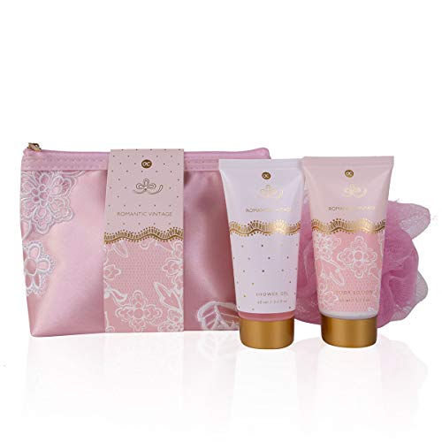 Accentra - Set De Regalo Romántico Vintage, Con Bolsa De Cosméticos, Gel De Ducha, Loción Corporal, Esponja De Malla, Rosé/white/gold