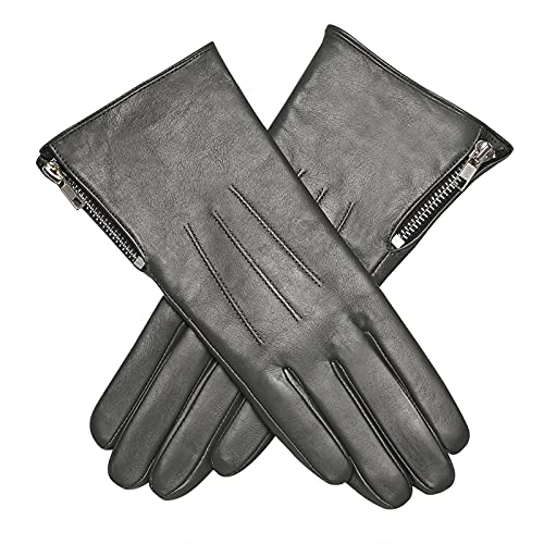 Acdyion Guantes de piel para mujer, para pantalla táctil, de invierno, elegantes, de piel auténtica, forro de cachemira, cremallera de cachemira, uso diario, gris, L