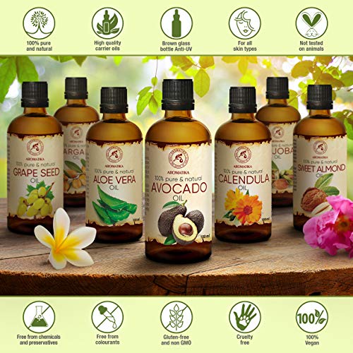 Aceite de Aguacate - 2x100ml - Persea Gratissima - Prensado en Frío - Avocado Oil - Aceite Base - Aceite Portador - Aceite para la Piel - Cuidado del Cabello - Aceite de Baño