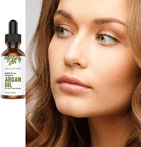 Aceite de argán ORGÁNICO Aria Starr Beauty para pelo, piel, cara, uñas, barba y cutículas - El mejor aceite marroquí 100% puro - Secreto de belleza antiedad y antiarrugas, hidratante de presión en frío certificado, 1 oz.