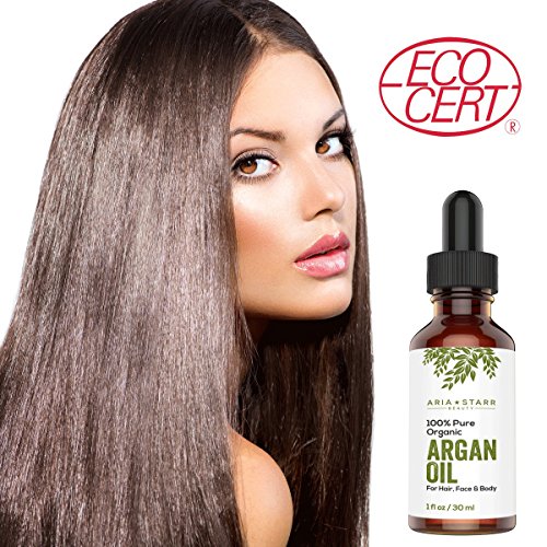 Aceite de argán ORGÁNICO Aria Starr Beauty para pelo, piel, cara, uñas, barba y cutículas - El mejor aceite marroquí 100% puro - Secreto de belleza antiedad y antiarrugas, hidratante de presión en frío certificado, 1 oz.