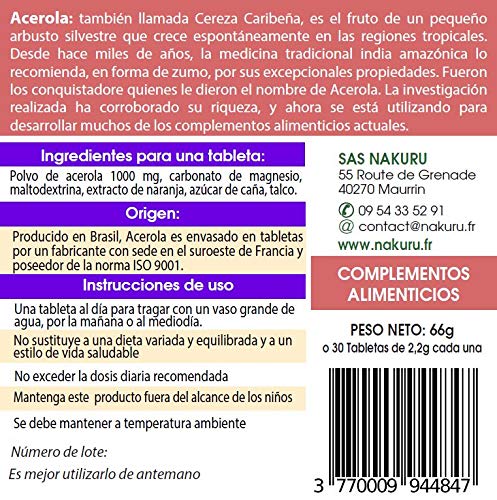 Acerola / 30 tabletas de 2,2 g/NAKURU Boost/Polvo orgánico seco y comprimido en frío/Analizado y envasado en Francia/La Cereza Caribeña!