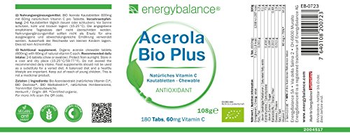 ACEROLA Bio Plus | la vitamina C orgánica 60mg | top ingesta | popular entre los niños | Vegano | sin gluten | sin OGM | 180 Lutschtabs