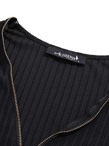 ACHIOOWA Camisa de Mujer Manga Larga Cremallera de Corte Bajo Tops Cuello V Sexy Casual Blusa Negro L