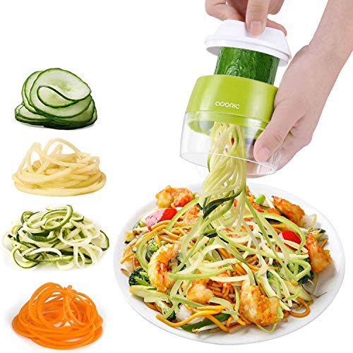 Adoric Cortador de Verdura 4 en 1 Rallador de Verduras Calabacin Pasta Espiralizador Vegetal Veggetti Slicer Pepino, Espaguetis de Calabacin, Cortador Espiral Manual (Verde)