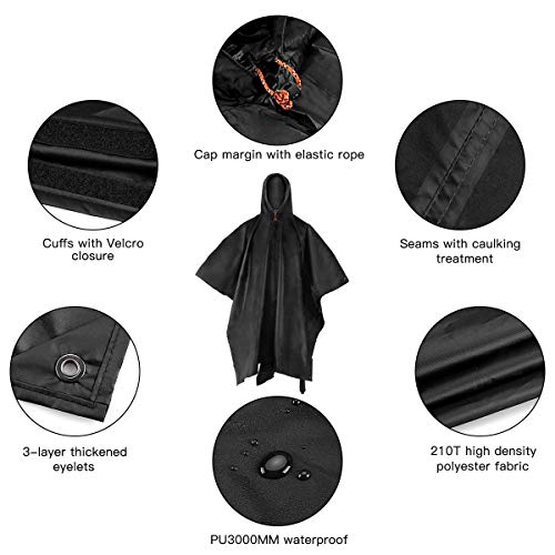 AGPTEK Poncho de Lluvia, 3 En 1 Chubasquero Impermeable Reusable Multifuncional como Manta de Picnic, Toldo para Senderismo, Acampada y Pesca, Adecuado Mujer y Hombre, Negro