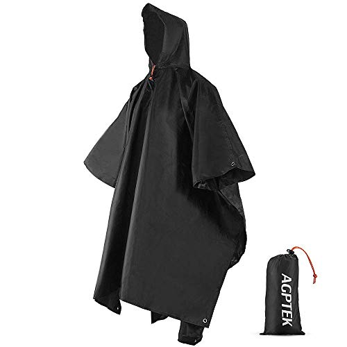 AGPTEK Poncho de Lluvia, 3 En 1 Chubasquero Impermeable Reusable Multifuncional como Manta de Picnic, Toldo para Senderismo, Acampada y Pesca, Adecuado Mujer y Hombre, Negro