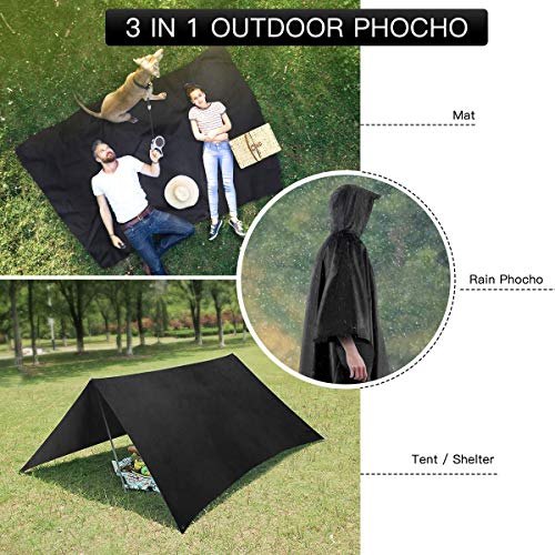 AGPTEK Poncho de Lluvia, 3 En 1 Chubasquero Impermeable Reusable Multifuncional como Manta de Picnic, Toldo para Senderismo, Acampada y Pesca, Adecuado Mujer y Hombre, Negro